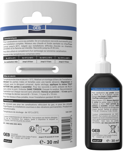 Résine anérobie GEB RLC+ pour le raccordement sans flamme d'une installation en cuivre et laiton 30ml