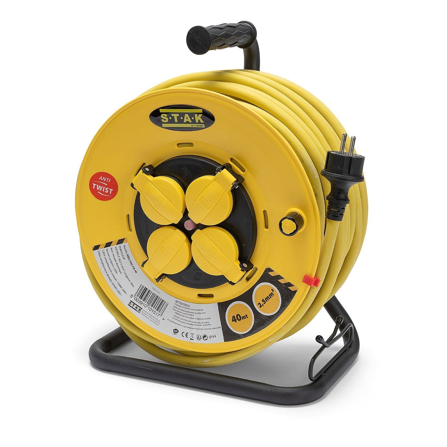 Enrouleur professionnel,  4 prises, H07RN-F3G2.5MM2, 40M ,  NF,CE - IP44. Tambour fixe - VELAMP - REELPRO-FR-40